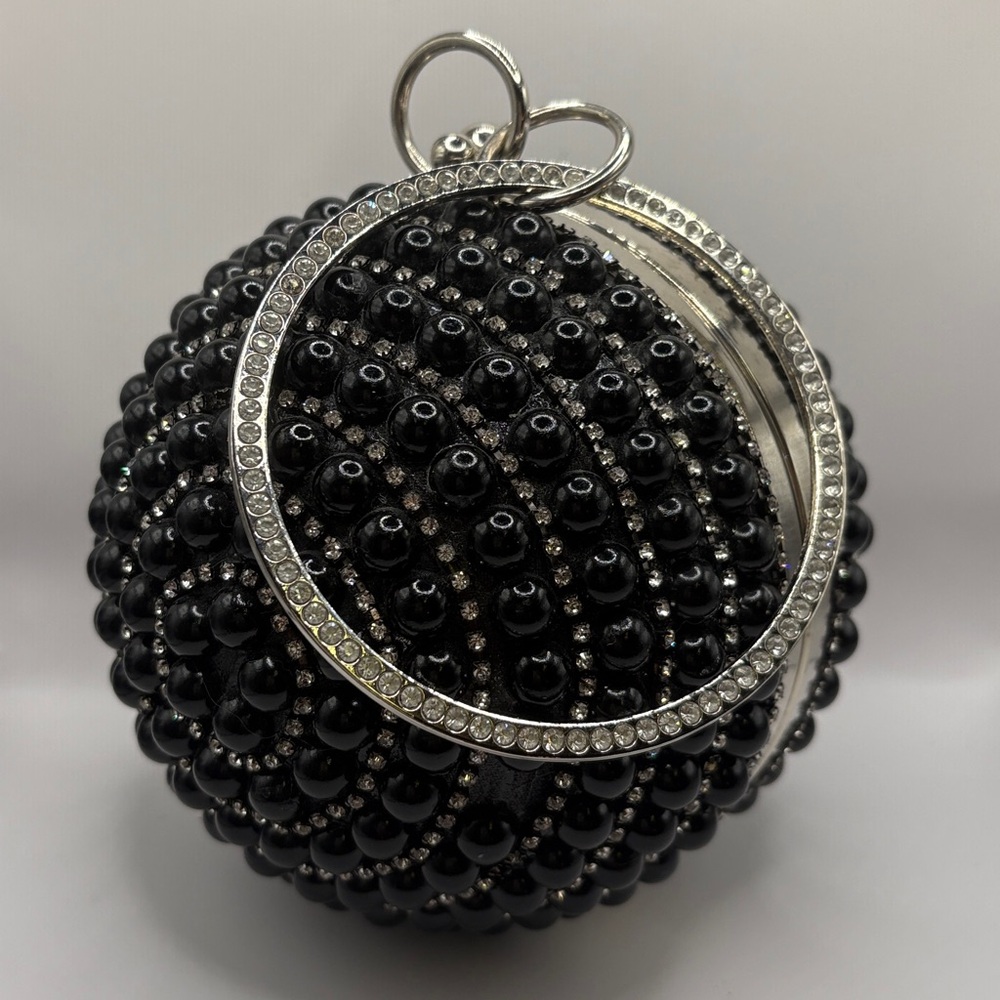 Black Beaded Sphere Orb Clutch Bag | Rhinestone Evening Wristlet